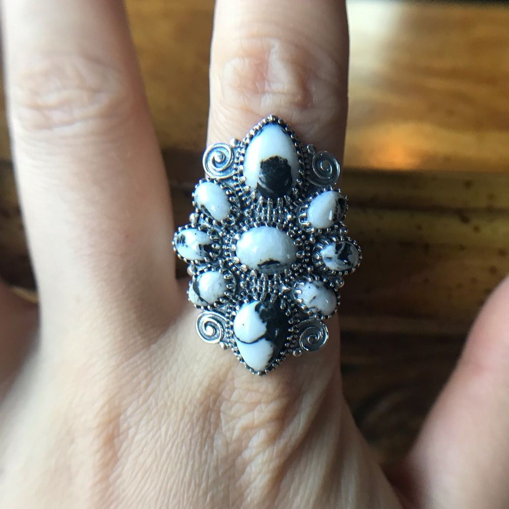 White Buffalo Turquoise Sterling Silver Cocktail Ring Size 9